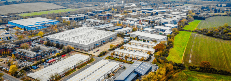 Birdseye view of an industrial estate.