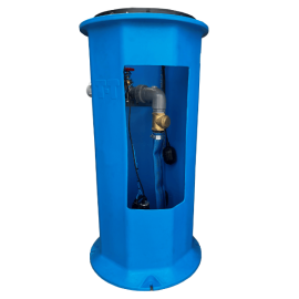 Pluto Maxi cutaway showing internal pipework, hose, valve, pump and level control float switch.