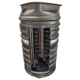 Saturn package pumping station cutaway showing internal pipework, non return valves, submersible pumps and level control.