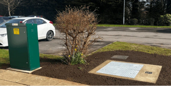 Below ground pumping station installation site and control panel kiosk.