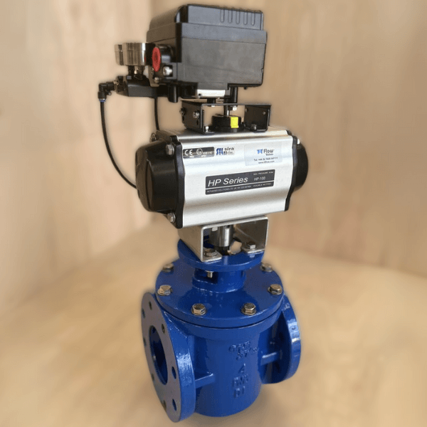 Custom actuated eccentric plug valve.