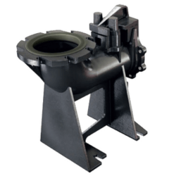 Silver cylindrical pump, with black handle, base and outlet pipe.