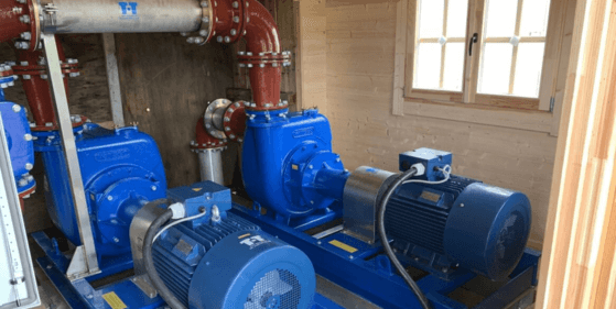 Bespoke pumping system with pumps, pipework, valves and control panel.