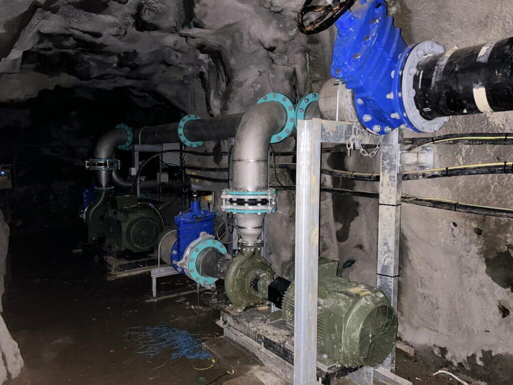 Hydropower pump system installed in a mine.