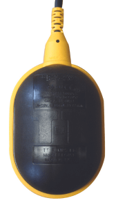 A black float switch with yellow trim depicting the T-T logo.