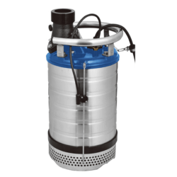 Silver cylindrical pump, with black handle, base and outlet pipe.