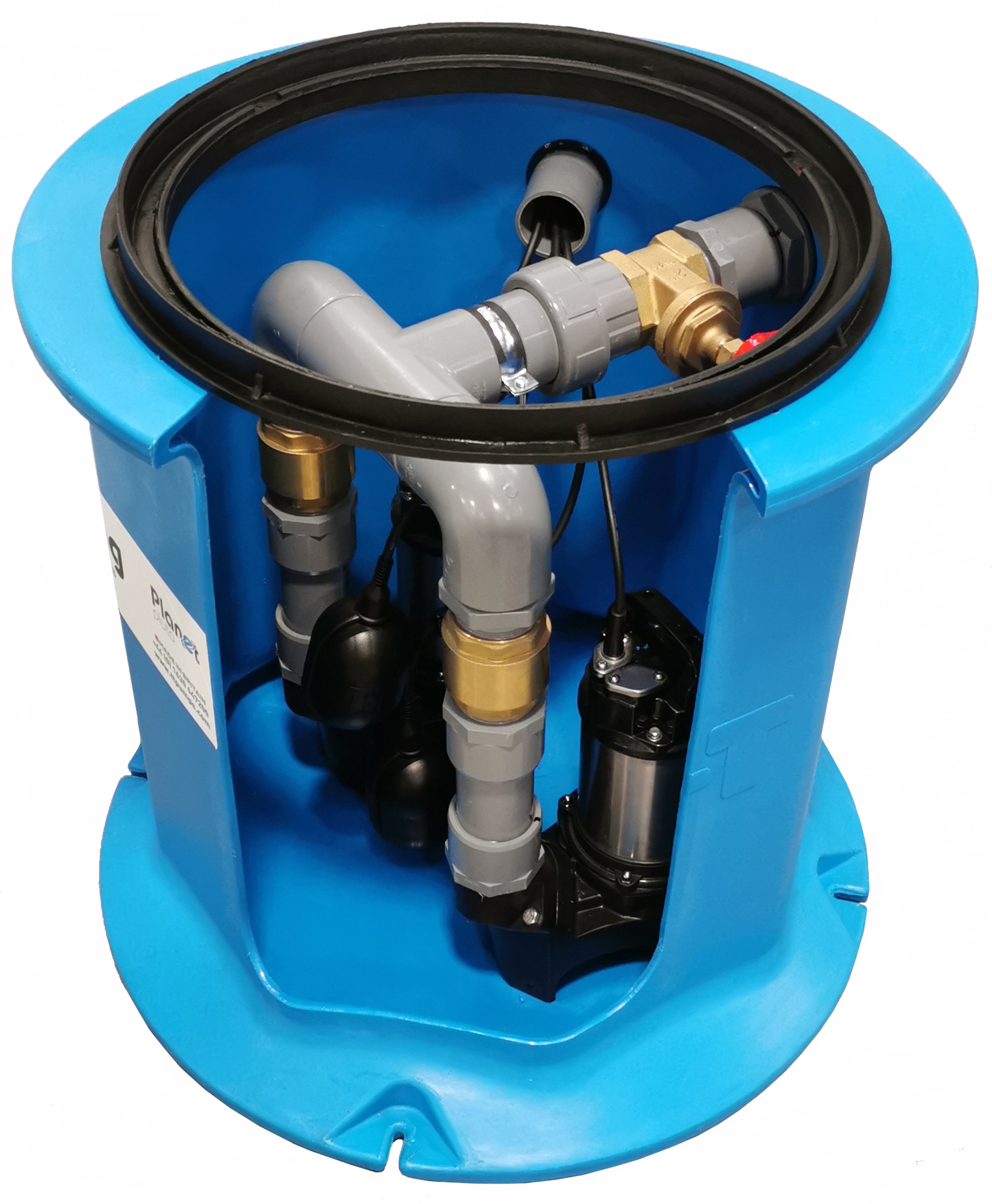 Cutaway of standard Pluto package pumping station showing internal pipework and components.