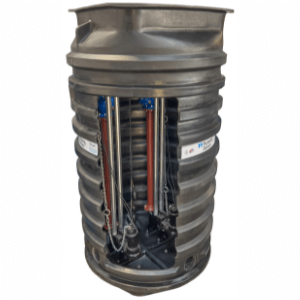 Package pumping station showing internal pipework and pumps.