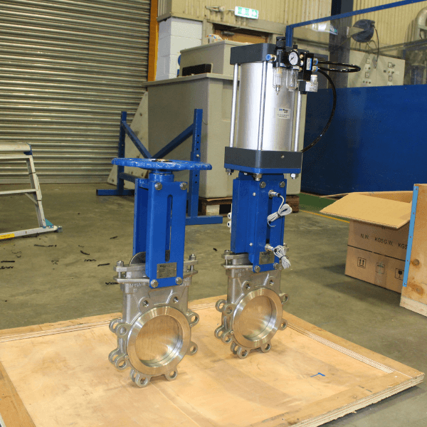 Custom fabricated stainless steel knife gate valves.