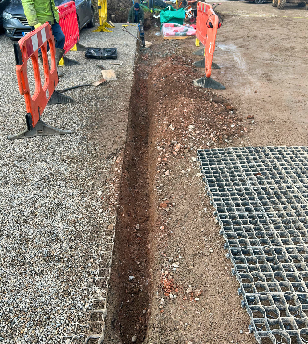 Excavation for pumping station pipework.