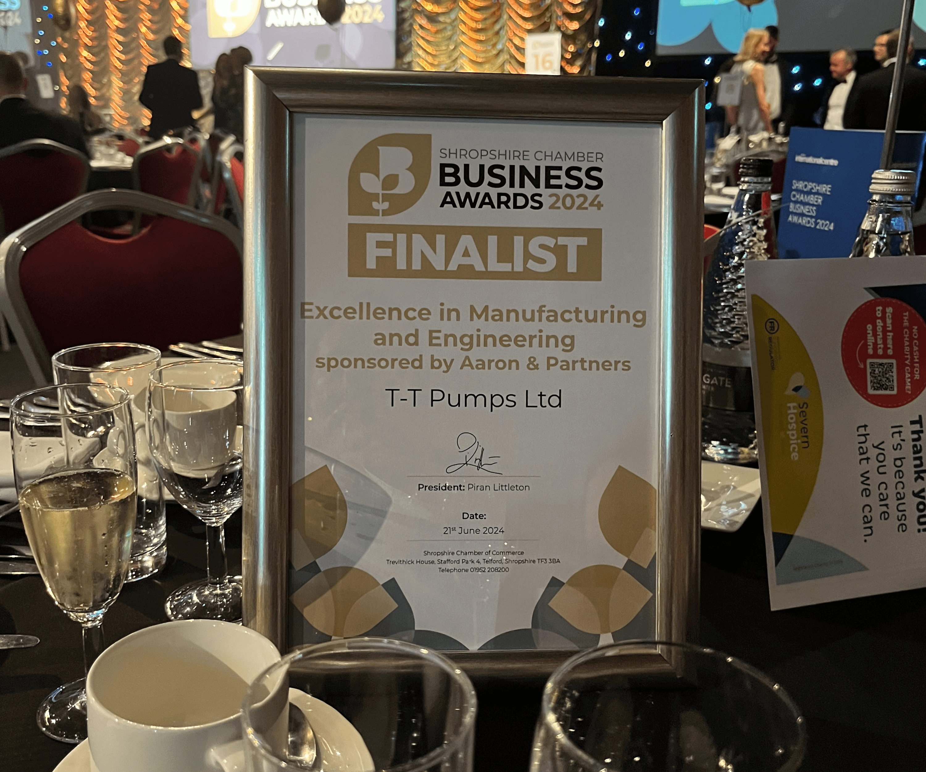 Framed certificate declaring T-T as finalists for the Excellence in Manufacturing and Engineering award.