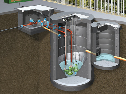 An illustration of a cross-section of a T-T adoptable below ground pumping station in the ground.