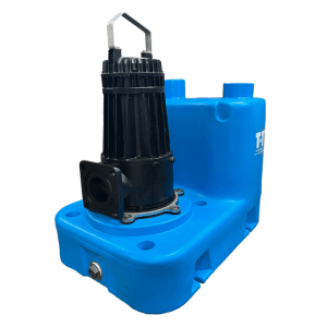 Above ground package pumping station with discharge hose.